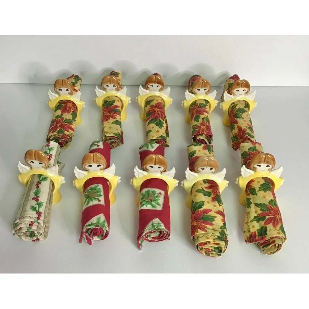 Vintage Christmas Angel Ceramic Napkin Rings & Cloth‎ Napkin 10 Kitschy Holiday